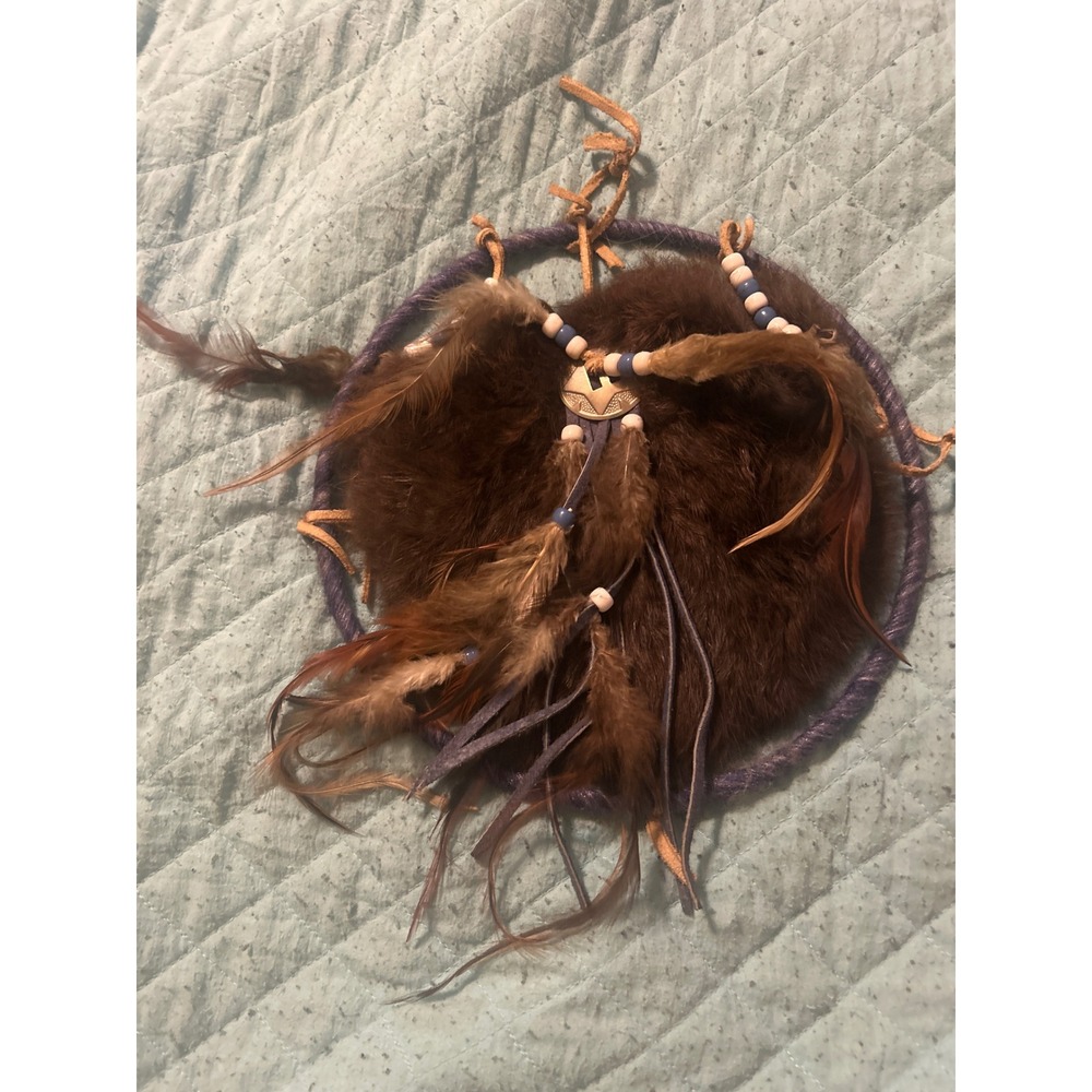 Southwestern‎ Rabbit Fur Dreamcatcher Wall Hanging Purple Leather Feathers Beads